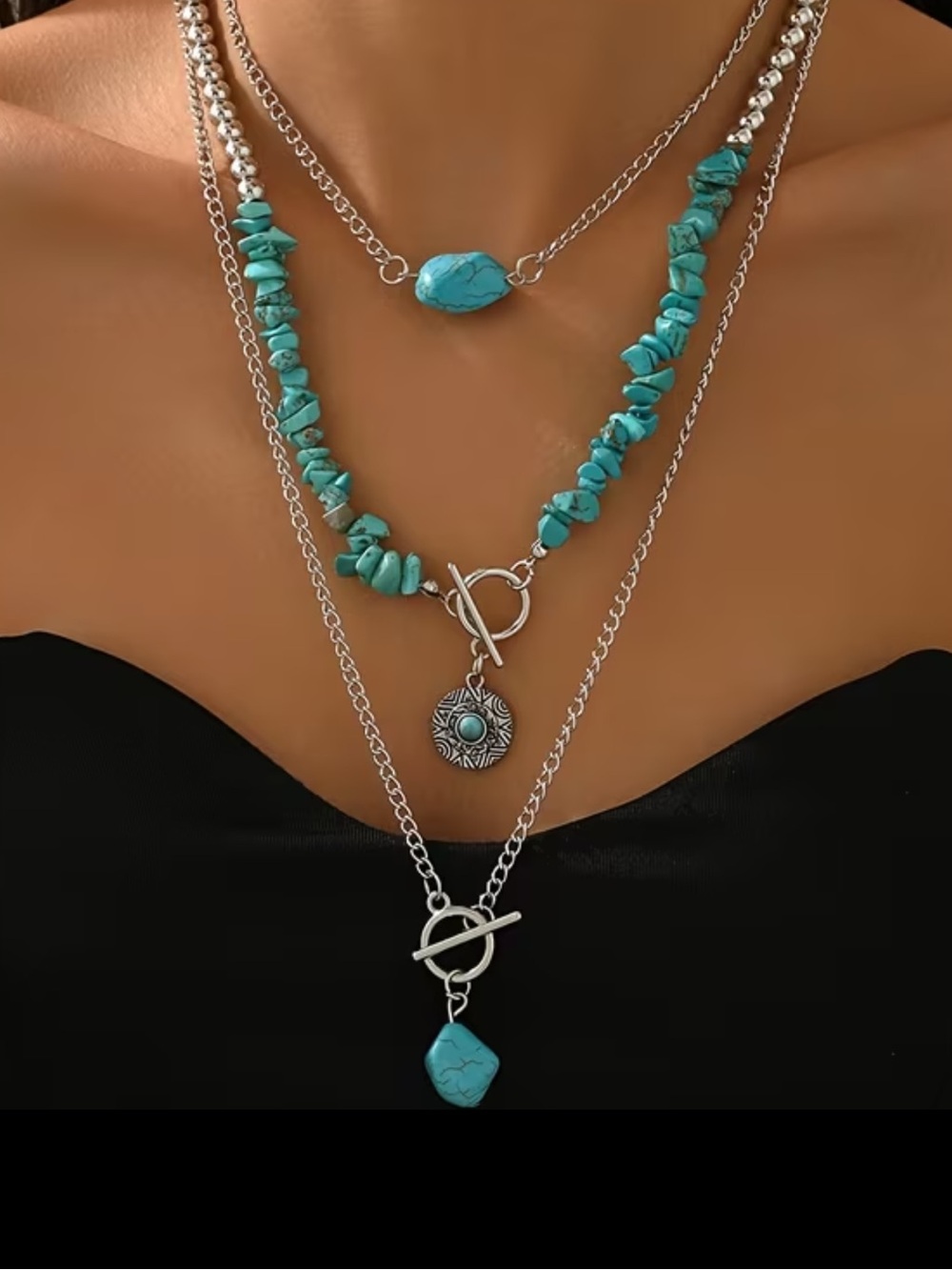 Turquoise Layered Beaded Necklace Set – Women Jewelry, NEW!